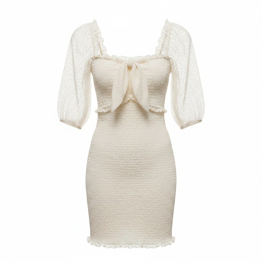 O. Vianca Smocked Stretch Bodycon Puff Sleeve Cream Square Neck Dress Small